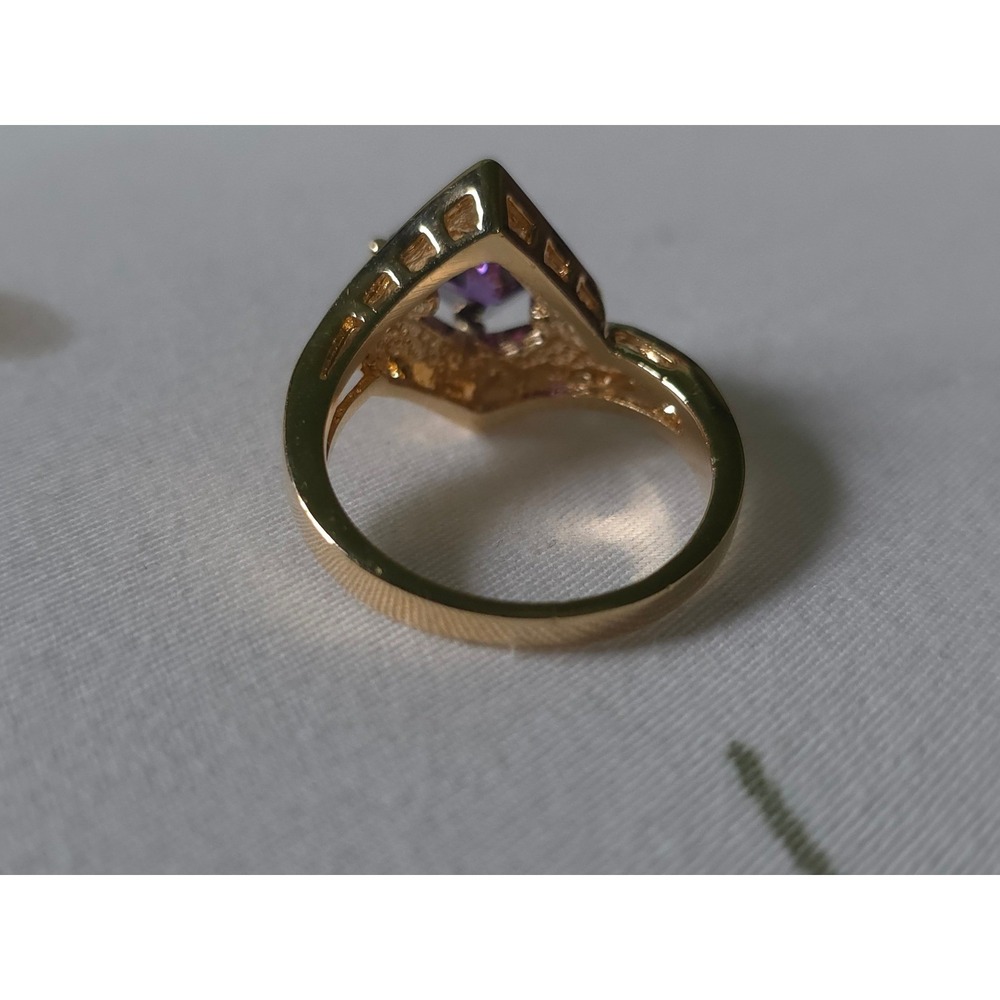 Art Deco Gold Tone Purple Amethyst Color Crystal Statement Cocktail Ring Size 10 - Picture 4 of 7